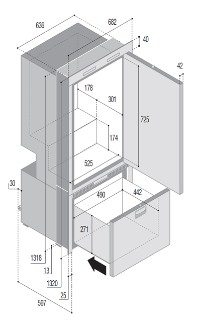 DW250 OCX2 BTX Obere Kammer Kühlschrank und untere Kammer Gefriertruhe