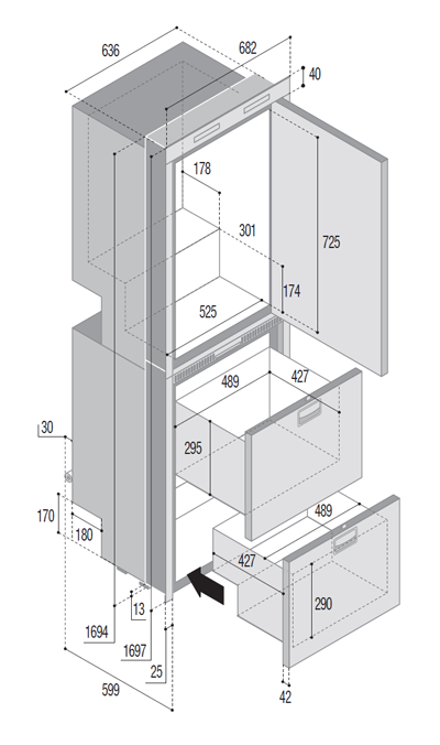 DW360 OCX2 BTX upper refrigerator compartment and lower freezer/freezer compartment