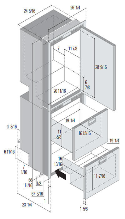 DW360IXN4-EFV upper refrigerator compartment and lower freezer/freezer compartment