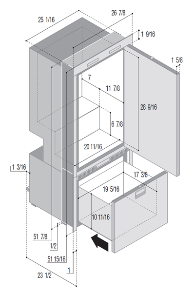 DW250 OCX2 BTX compartiment supérieur réfrigérateur et compartiment inférieur congélateur